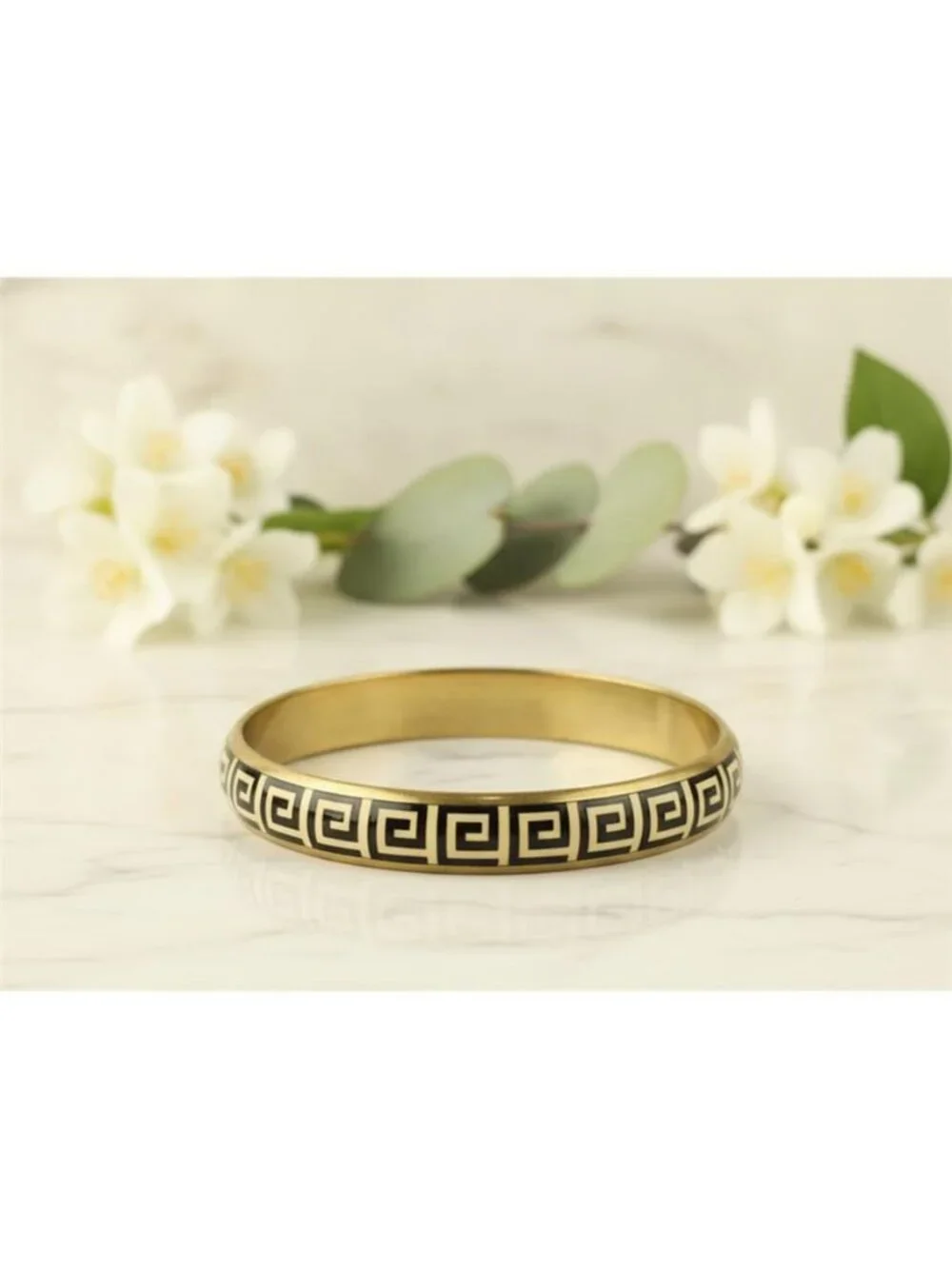 Vintage Gold Tone Black Cream Enamel Greek Key Bangle Bracelet 8 In Geometric